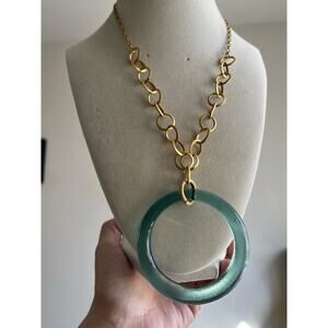 VTG LT & Co. Blue Circle Glass Pendant Necklace Gold Tone Oval Link Chain 22”